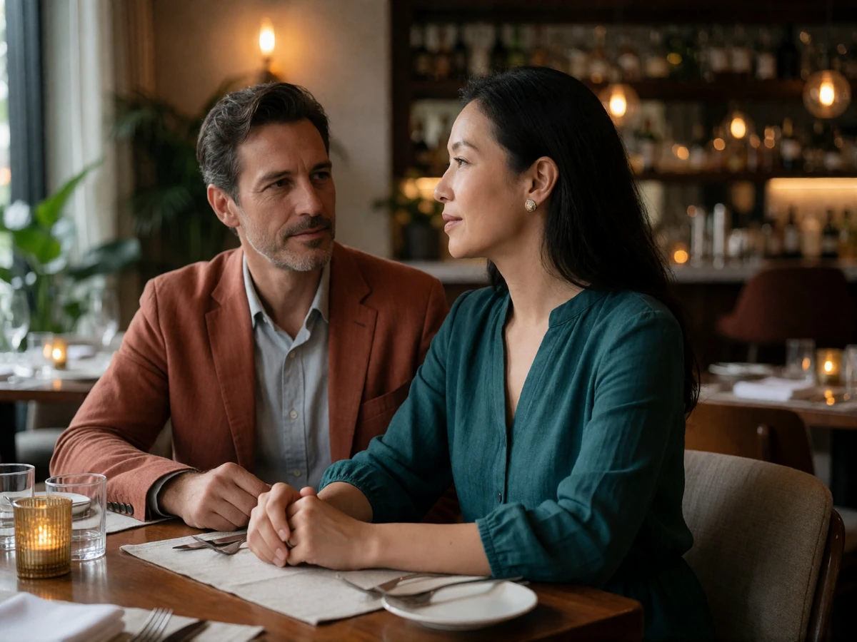 Malaysian woman and a foreign man sharing a relaxed conversation over dinner at an elegant restaurant table.