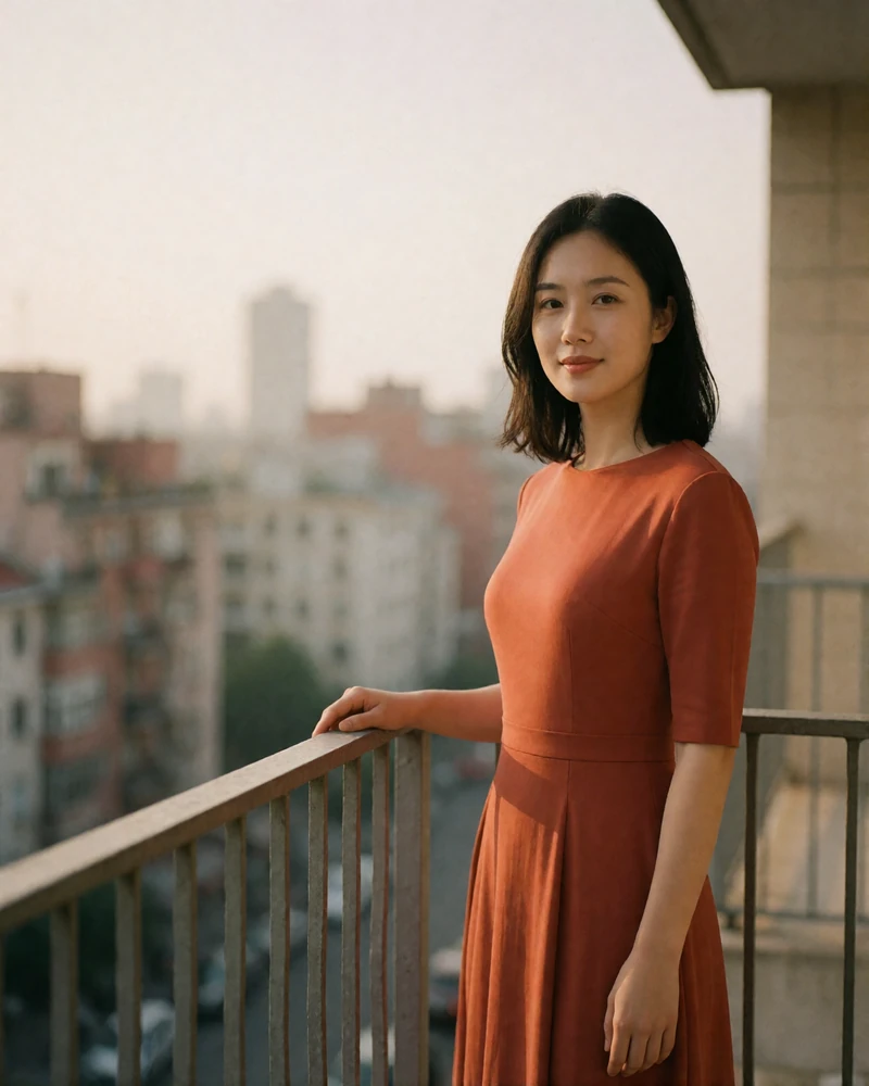 Chinese woman in a terracotta dress standing on a city balcony at late afternoon.