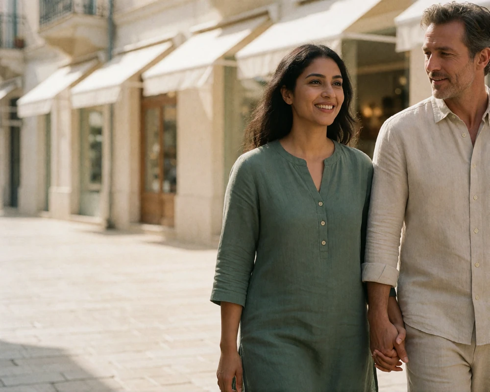 Couple walking hand in hand along a sunlit street lined with softly defocused storefronts.