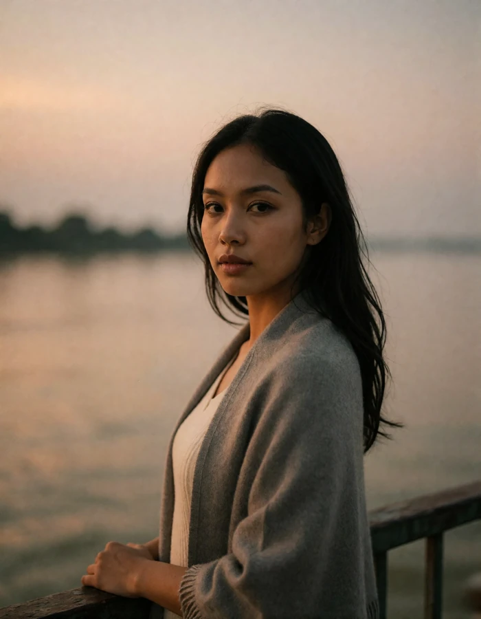 Burmese woman at a riverside railing at dusk, glancing back toward the camera.