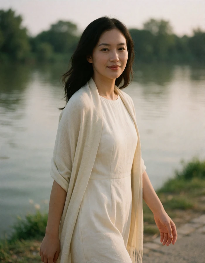Vietnamese woman in a cream dress walking along a quiet riverside promenade.