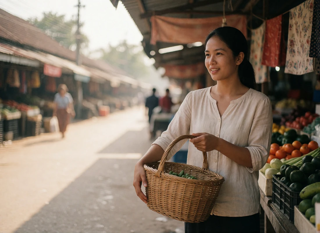 Cambodian woman holding a woven basket at a morning market stall, smiling gently in warm sunlight.