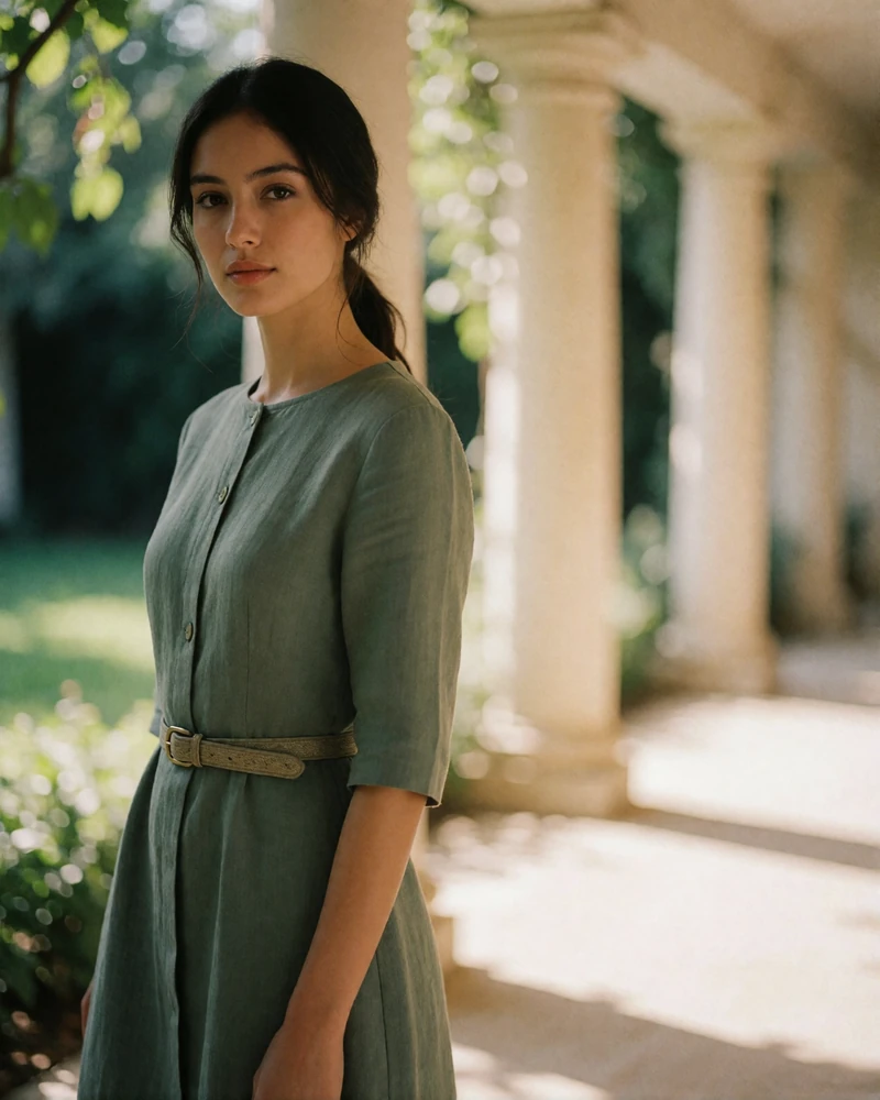 Turkmen woman in a sage linen dress standing near a sunlit garden colonnade.