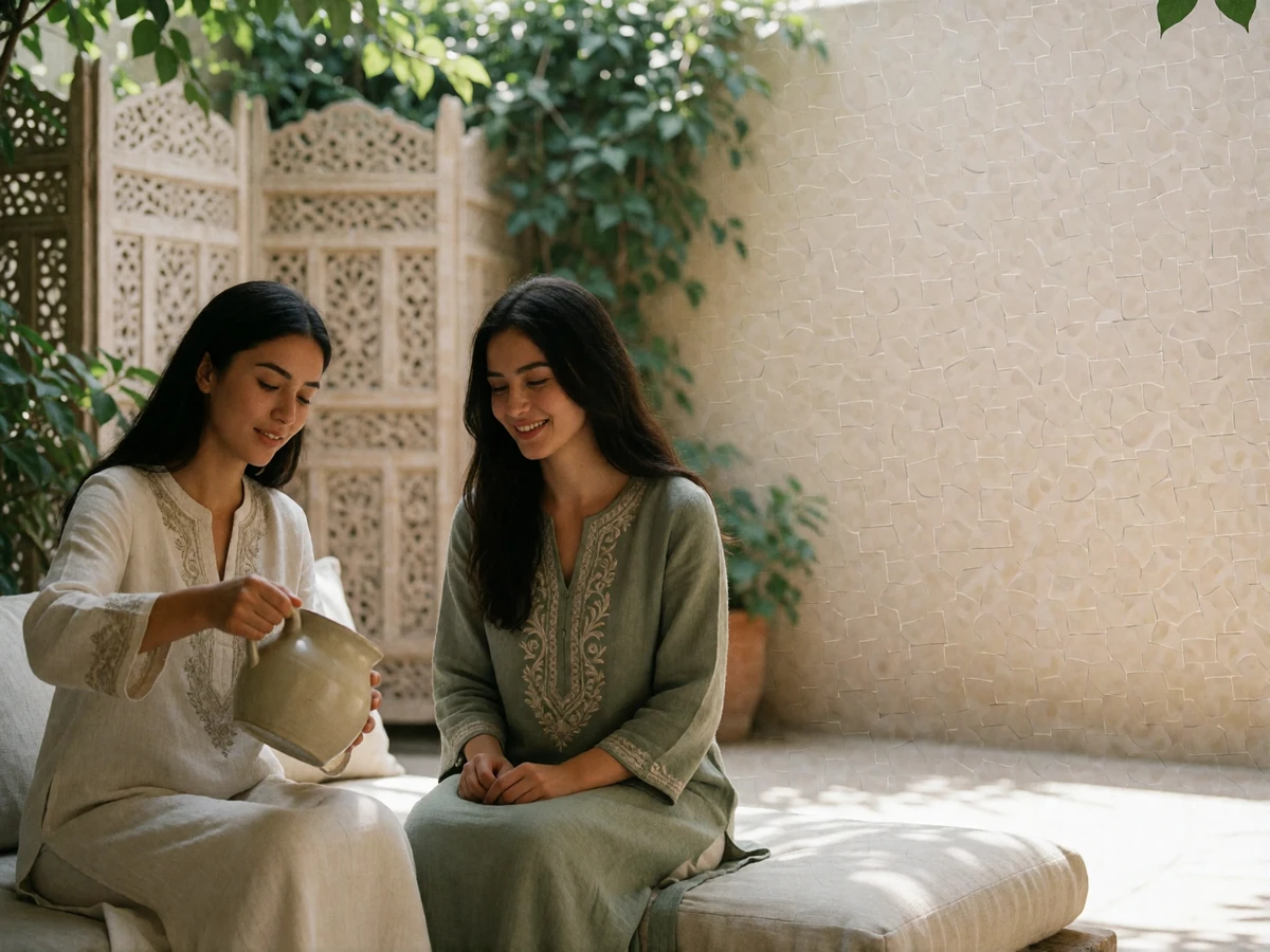Two Tajik women sharing tea in a shaded courtyard with carved wooden screens and climbing greenery.