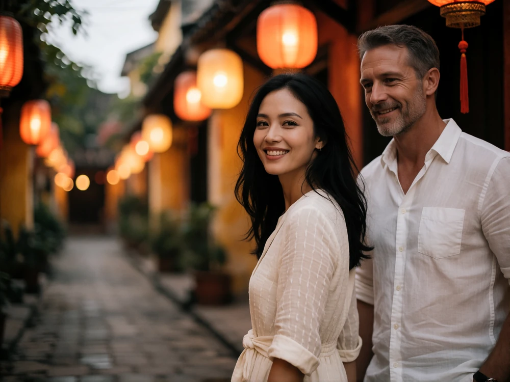 Vietnamese woman and a Western man walking together along a quiet lantern-lit old-town lane in the evening.