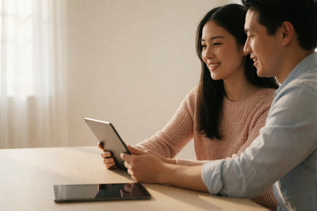 Asian woman and man looking together at a tablet at a pale wooden table in a bright living room.
