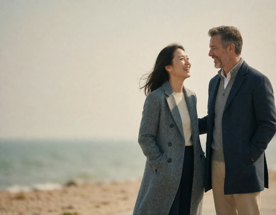 Korean woman and Western man laughing together on a breezy seaside walkway in smart casual coats.