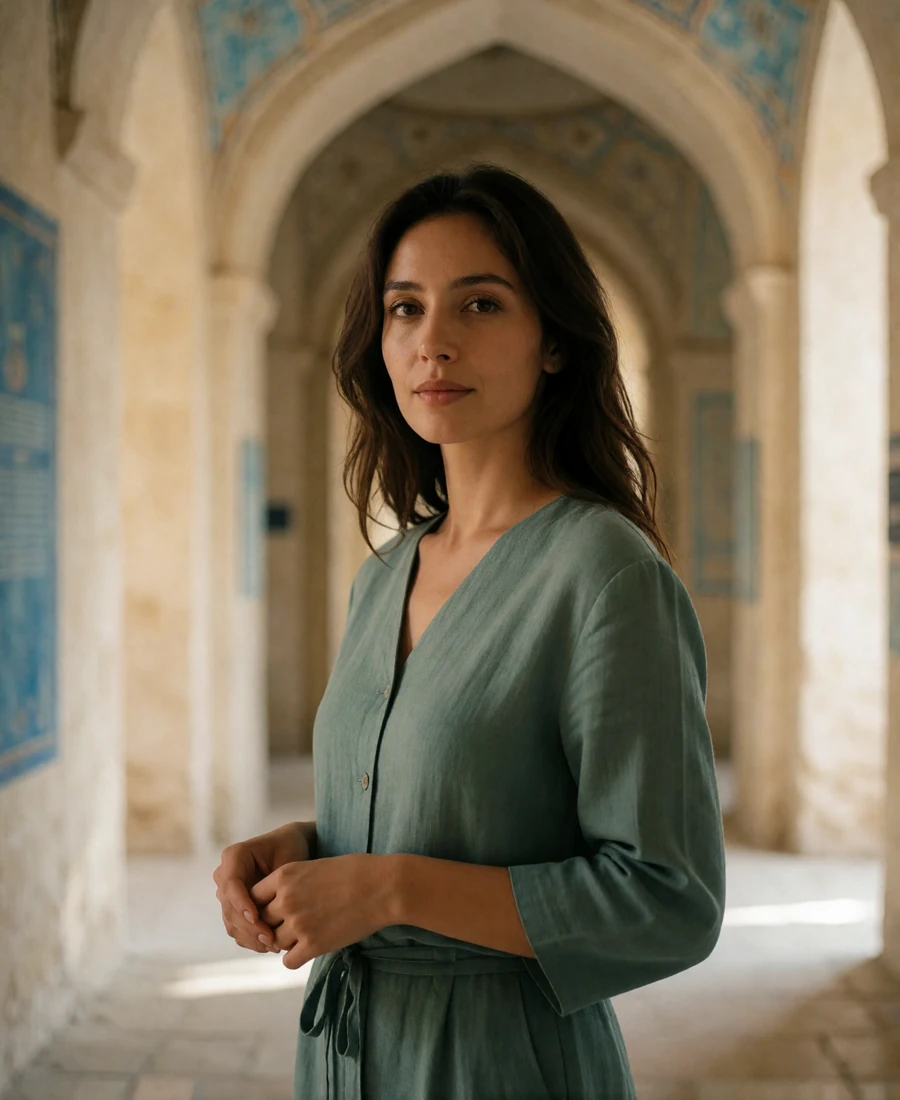 Uzbek woman in a sage-green outfit standing in a sunlit arched gallery with pale architectural details.