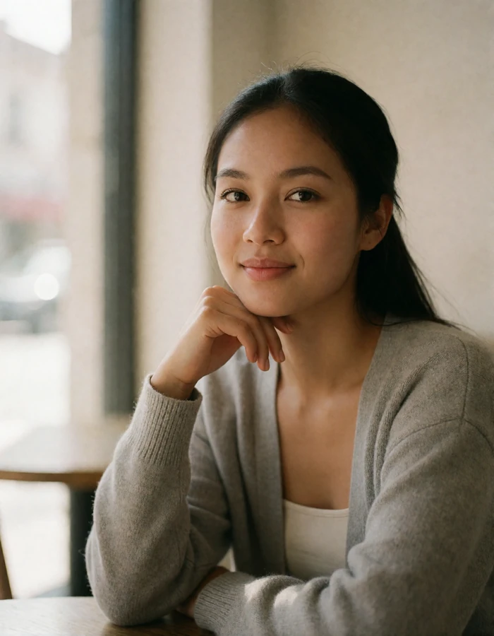 Lao woman relaxed at a small cafe table near a bright window.