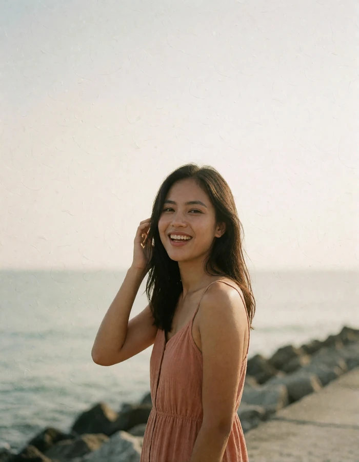 Filipina woman in a terracotta sundress laughing near a calm coastal walkway.