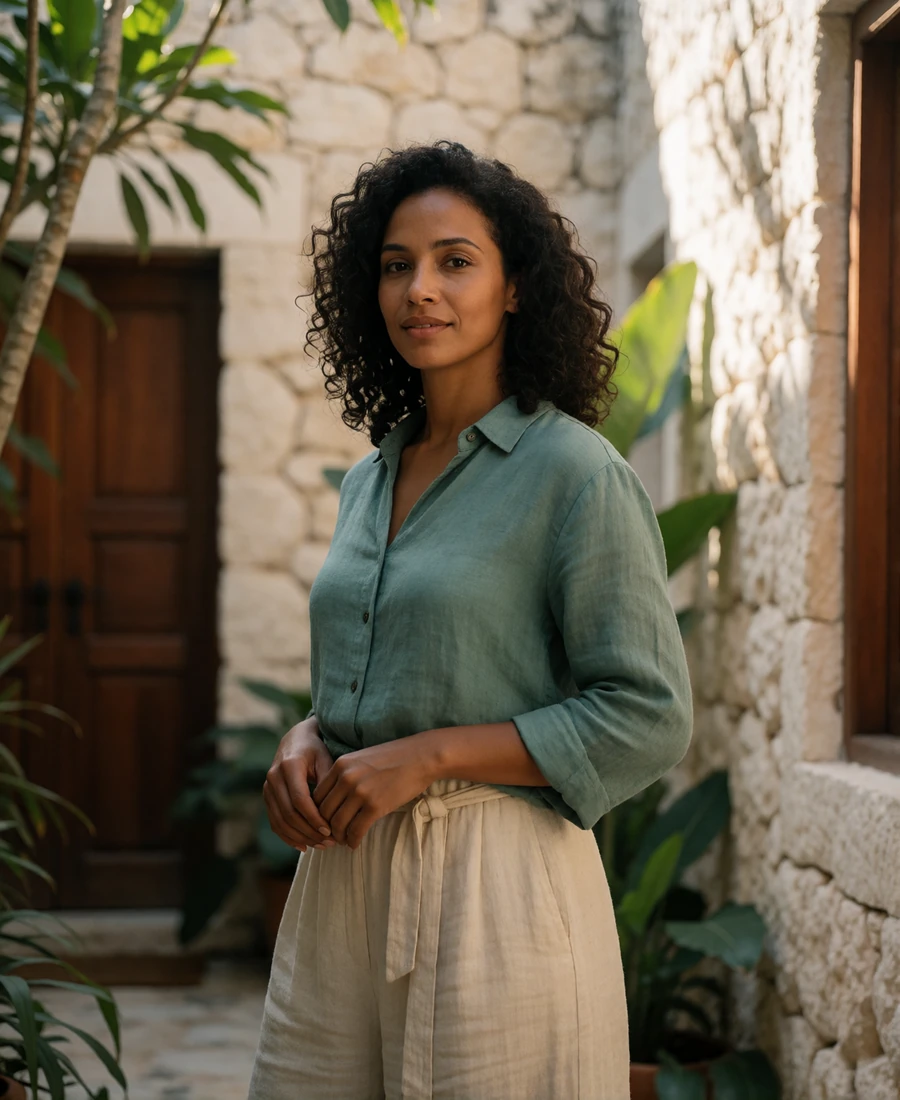 Timorese woman standing in a sunlit stone courtyard in an elegant sage-and-cream outfit.