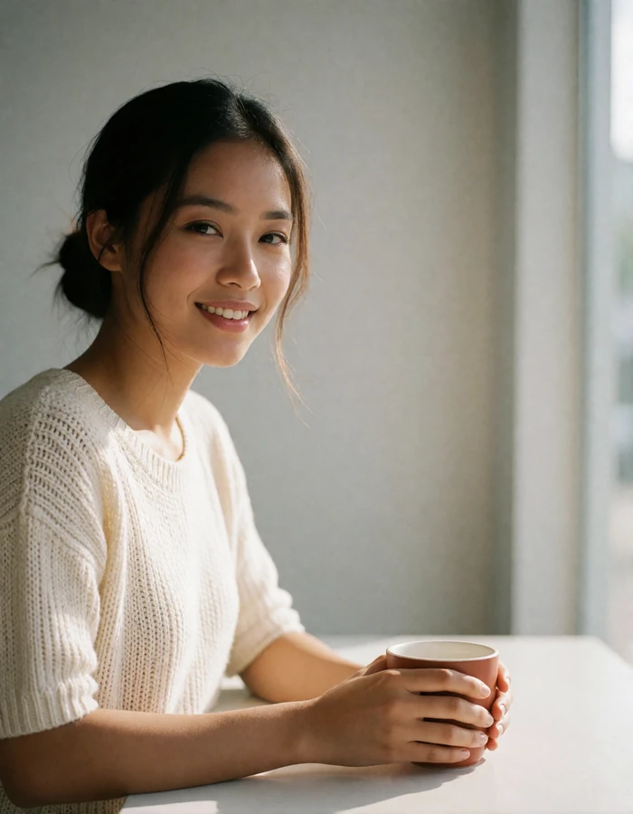 Filipina woman in a cream knit top holding a small cup at a bright cafe table.