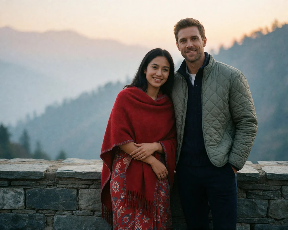 Couple standing on a stone terrace overlooking a Himalayan valley at soft sunrise.