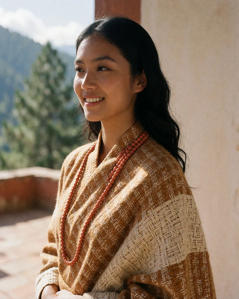 Bhutanese woman in an ochre and cream handwoven wrap on a sunlit terrace.