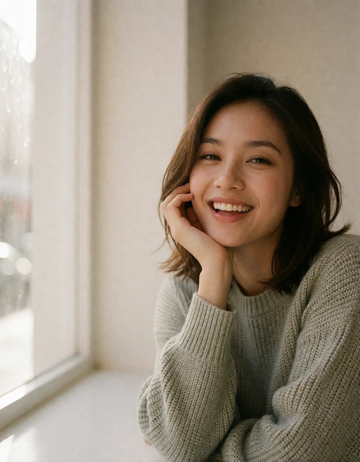 Vietnamese woman in a sage sweater sitting by a window in a minimalist cafe.