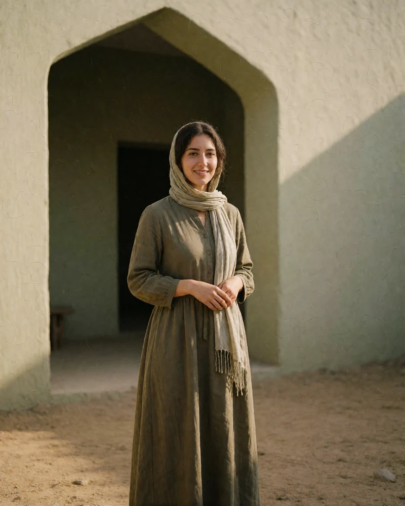 Afghan woman standing beneath a plain arched doorway in an open courtyard.