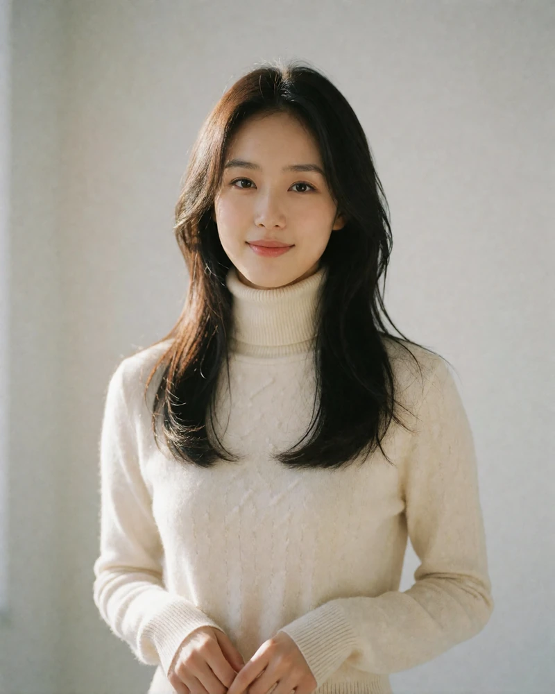 Korean woman in a cream turtleneck smiling gently in a bright minimal studio.