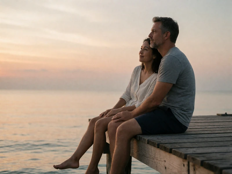 Couple sitting together at the end of a wooden pier at sunset, looking out over calm water.