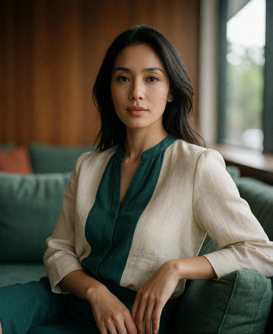 Malaysian woman in a cream and emerald blouse seated in an upscale green-toned lounge.