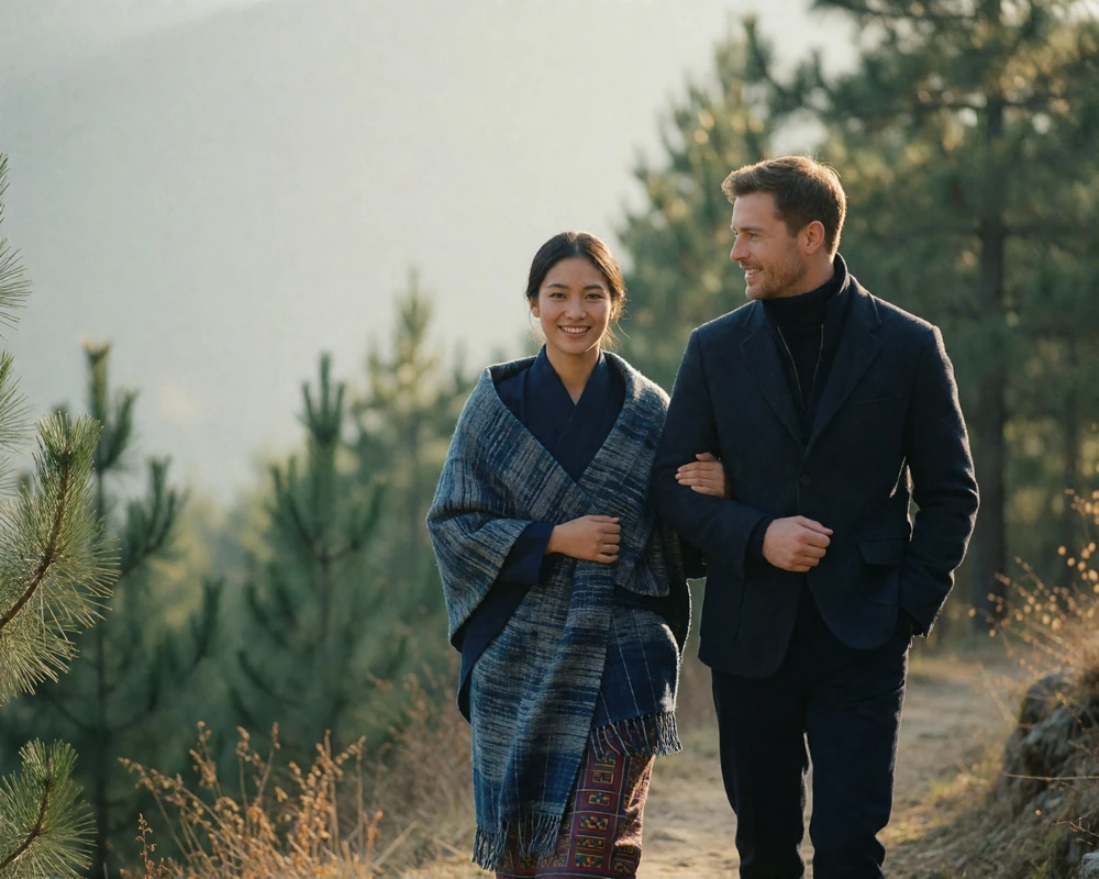 Couple walking together along a pine-lined mountain path in soft late afternoon light.