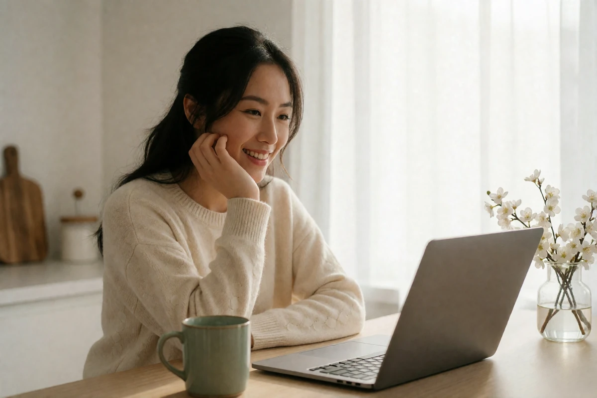 Asian woman in a cream sweater smiling during a video call at a bright kitchen counter.