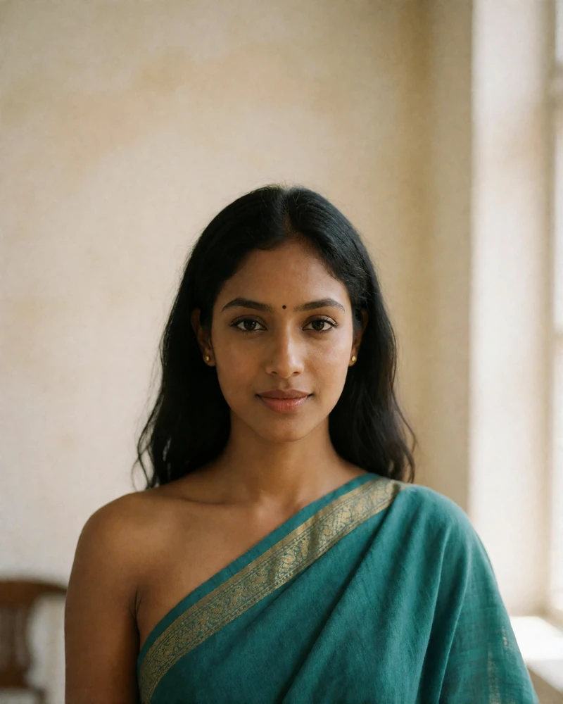 Bangladeshi woman in a teal cotton sari with a narrow woven border, smiling warmly.