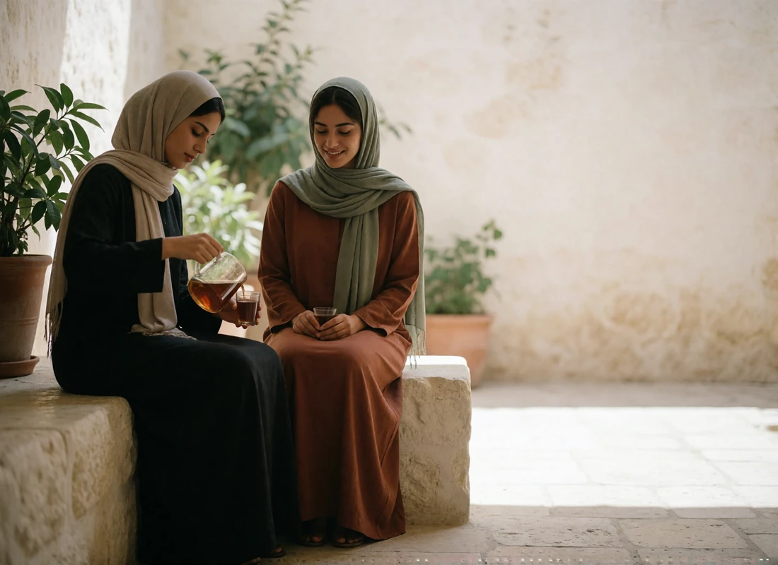Two Yemeni women in modest headscarves sharing tea together in a shaded stone courtyard.