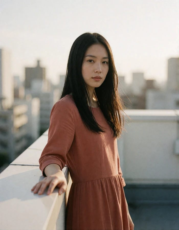 Japanese woman in a terracotta-toned dress standing on an open rooftop terrace at late afternoon.