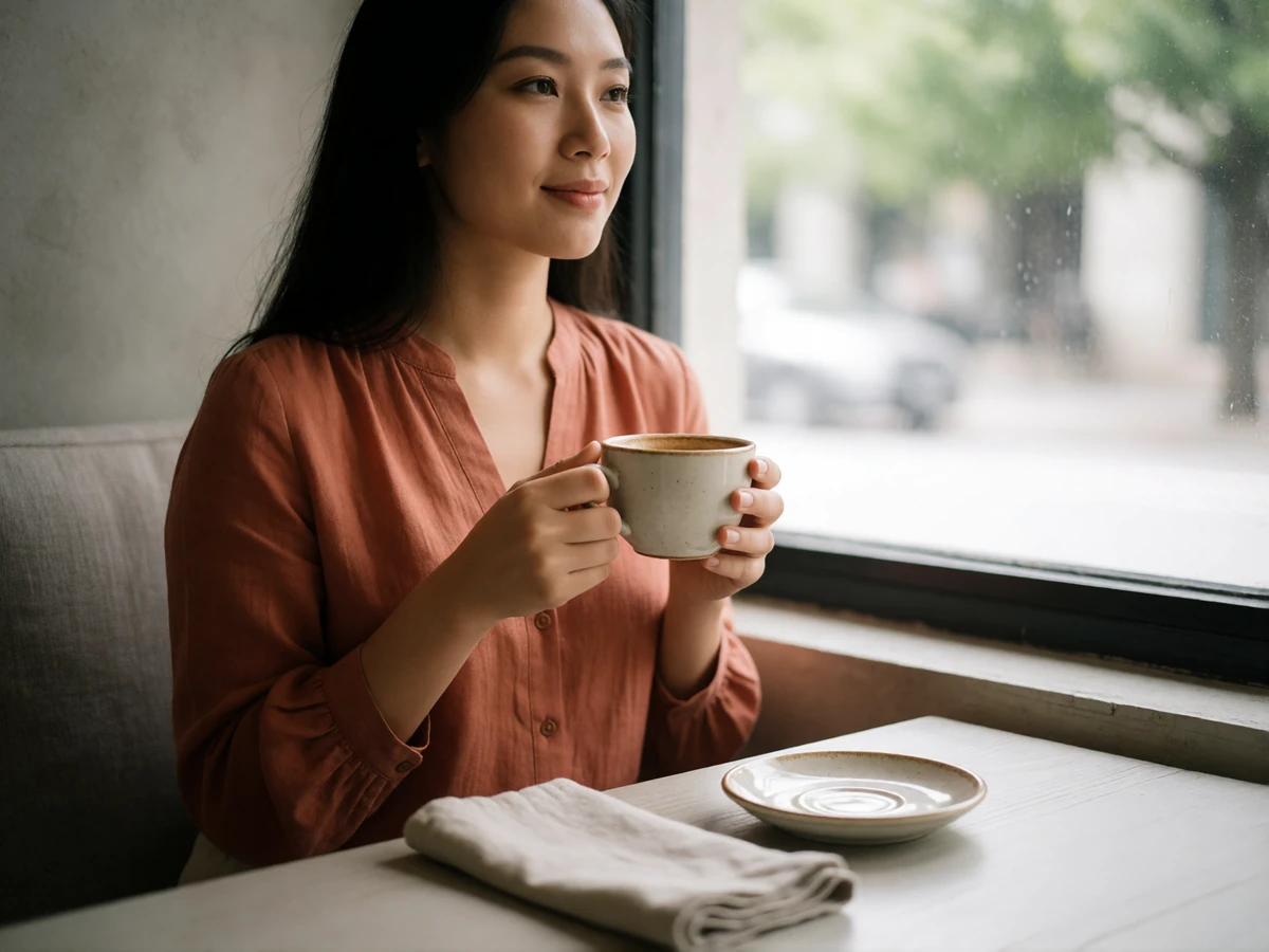 Elegant Asian woman in a terracotta blouse holding a coffee cup by a café window before a video date.