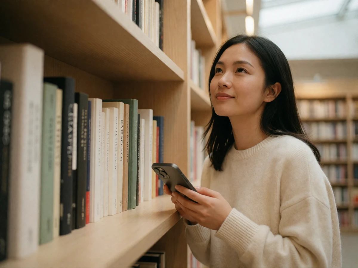 Asian woman in an ivory sweater smiling thoughtfully while holding her phone in a quiet bookstore.