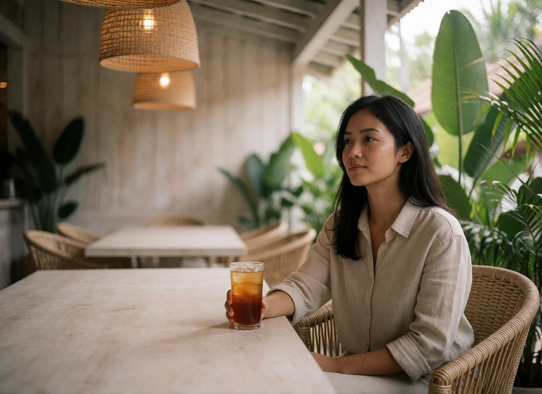 Indonesian woman holding a glass of iced tea and listening attentively at a bright open-air cafe table.