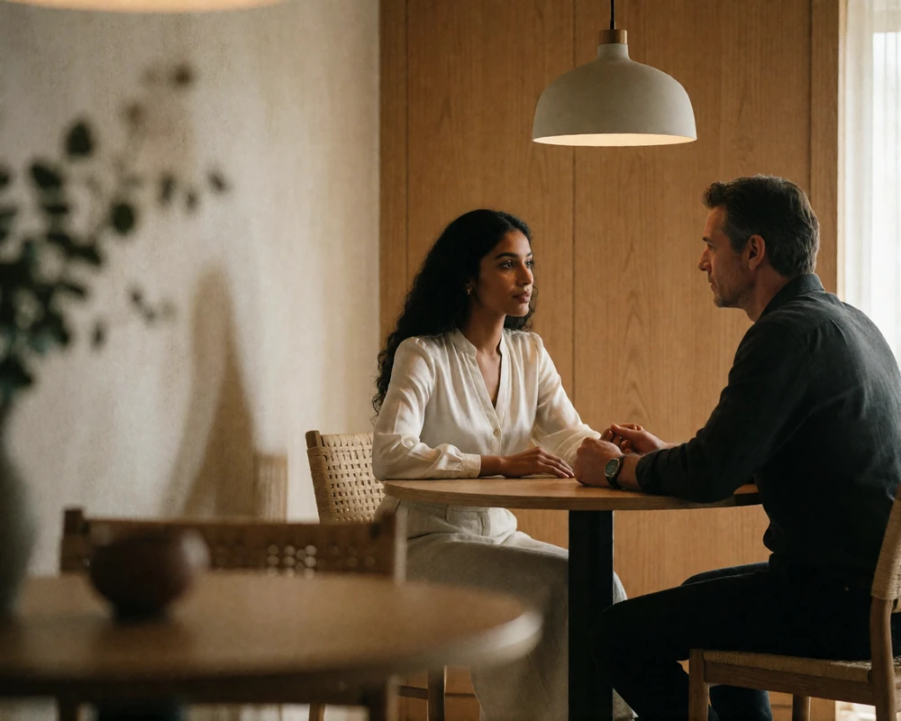 Couple in quiet conversation across a small round table in a warm fine-dining interior.