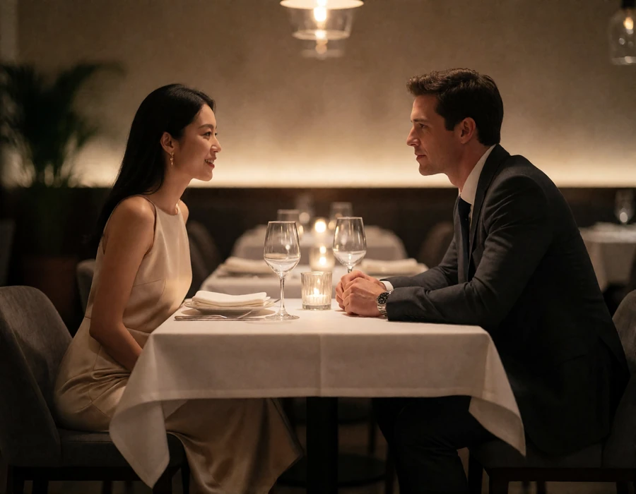 Korean woman and Western man leaning toward each other in easy conversation at a refined restaurant table.