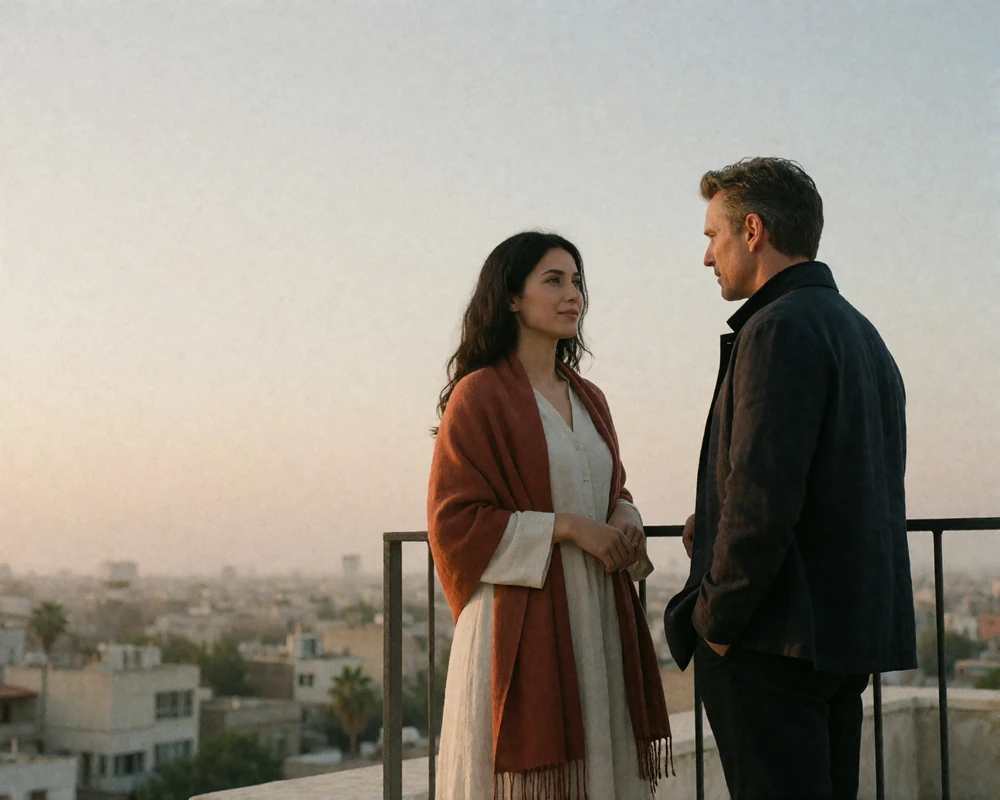 Couple standing together at a rooftop terrace railing in warm evening light.
