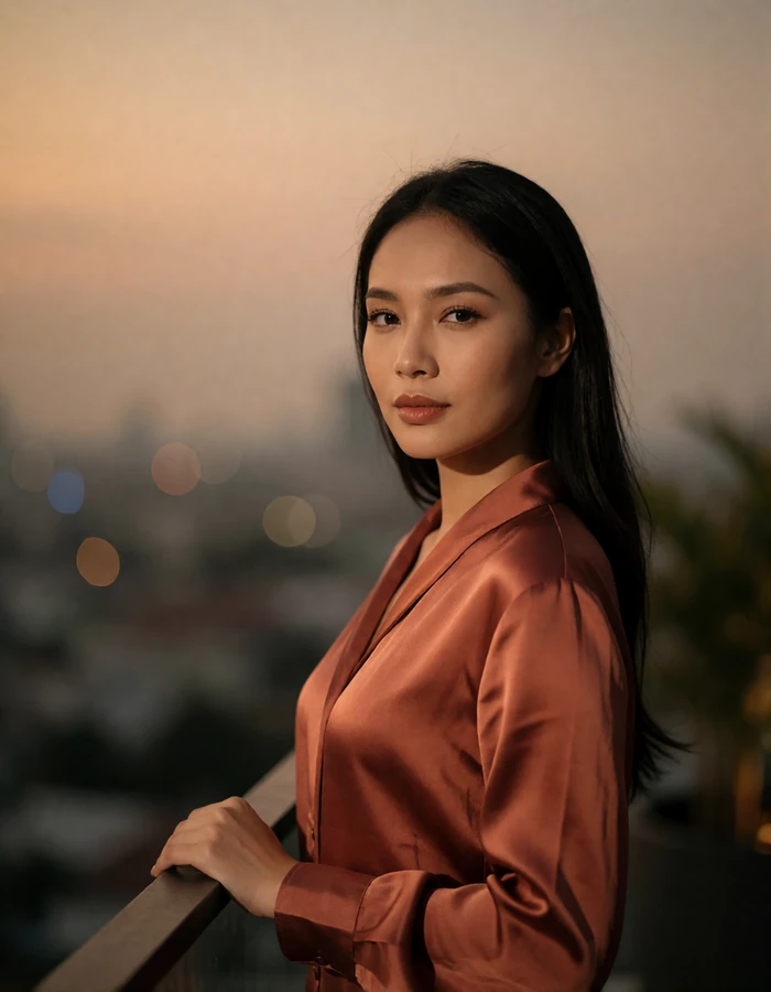 Thai woman in a terracotta silk blouse on an upscale rooftop lounge at dusk with the skyline behind her.