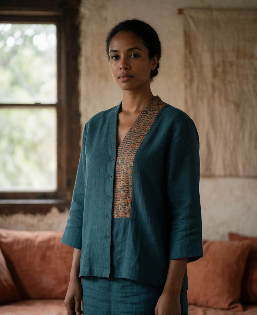 Timorese woman in a warm-linen interior wearing a contemporary outfit with a woven textile accent.