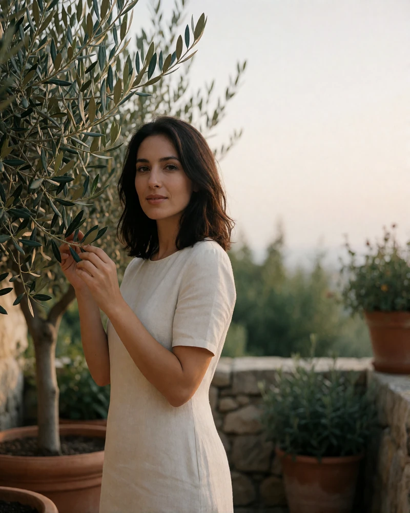 Armenian woman in an ivory linen dress standing on a stone garden terrace among olive trees.