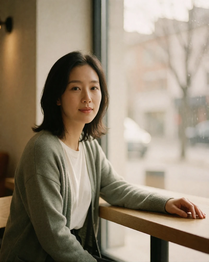 Korean woman in a sage cardigan seated beside a bright café window.