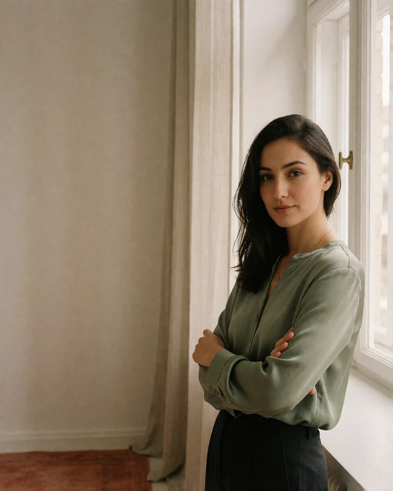 Armenian woman in a sage green blouse standing beside a tall window in a minimalist apartment.