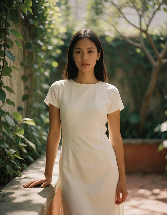 Filipina woman in a white dress standing in a lush garden courtyard.