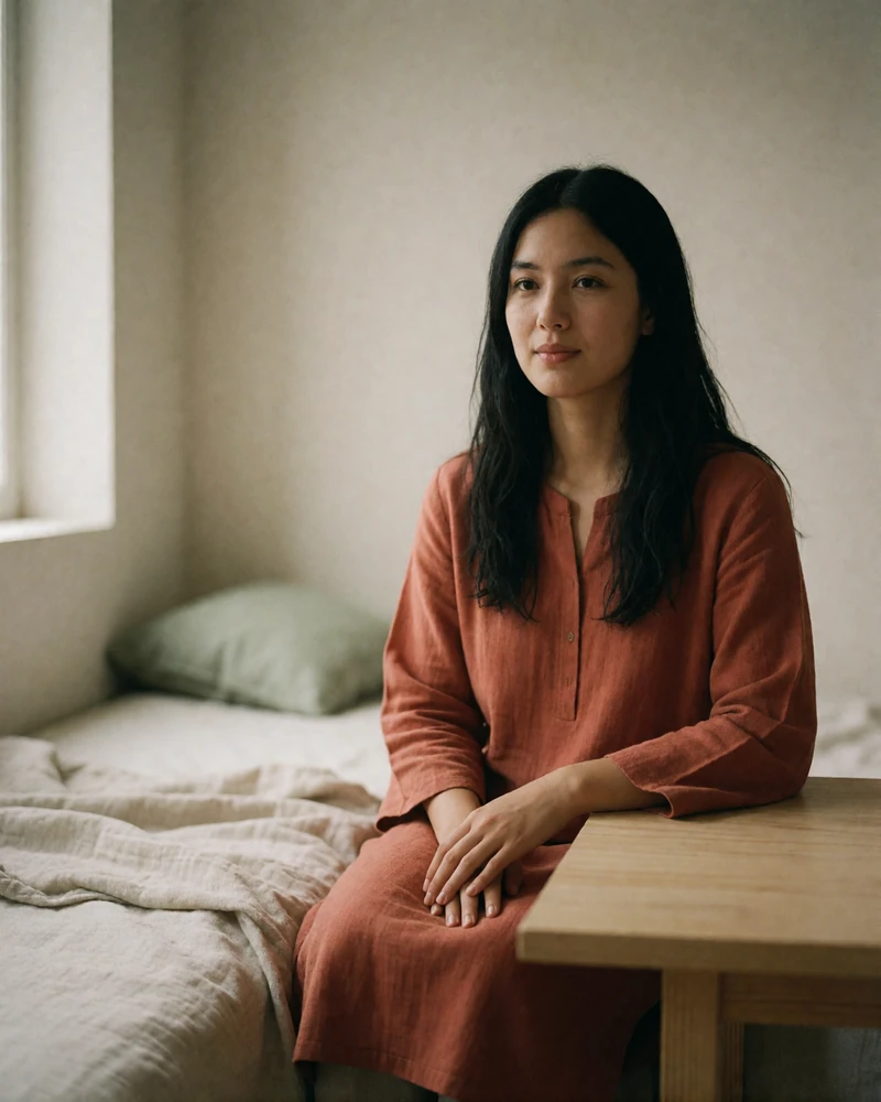 Tajik woman in a terracotta tunic seated beside a low wooden table in a minimal room.