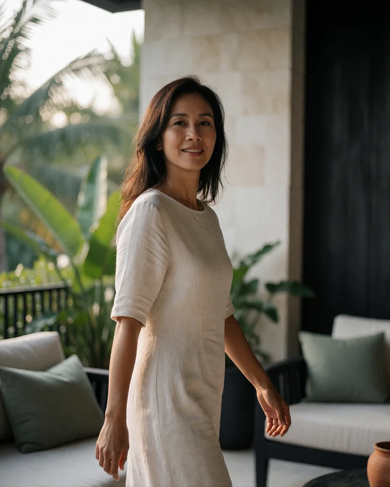Filipino woman on an upscale tropical terrace