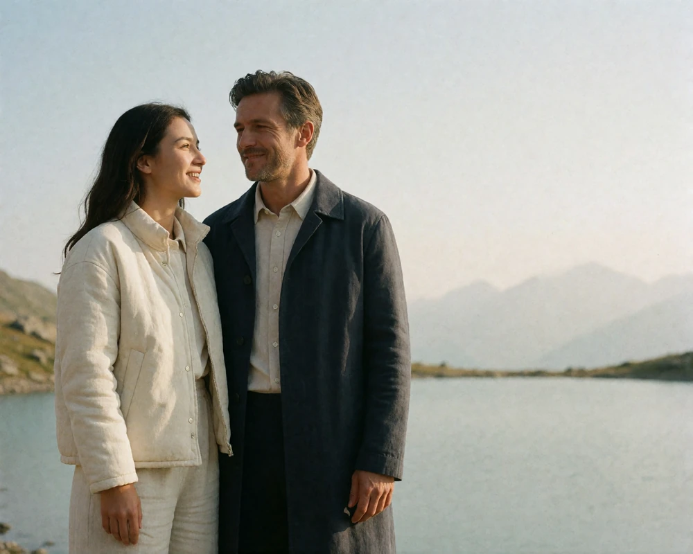 Couple standing together at a high alpine lakeshore in Kyrgyzstan with hazy mountain peaks behind them.