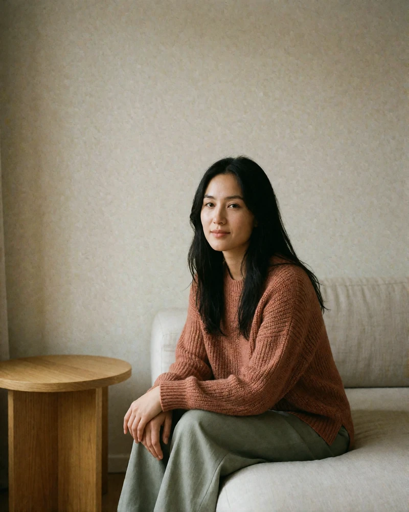 Kazakh woman in a terracotta knit sweater seated on a linen sofa in a minimalist interior.