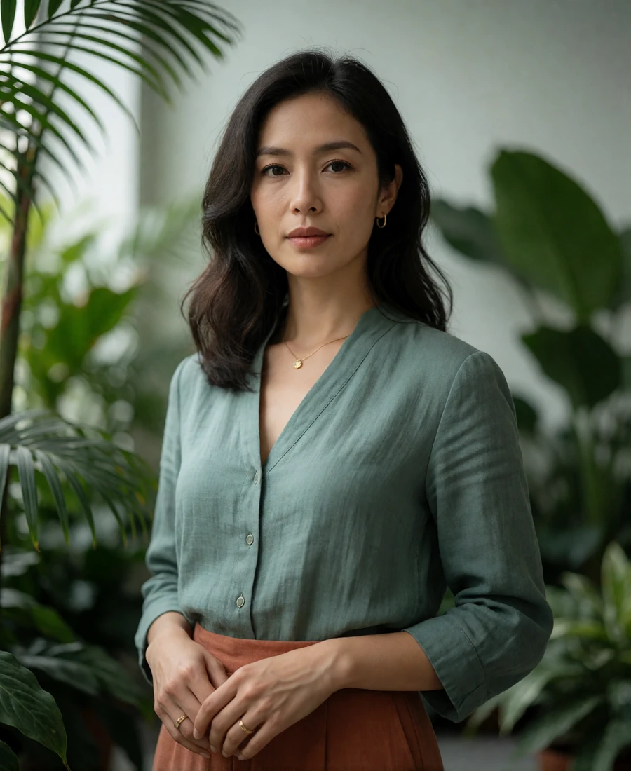 Singaporean woman in a tailored sage blouse standing in a refined indoor botanical setting.