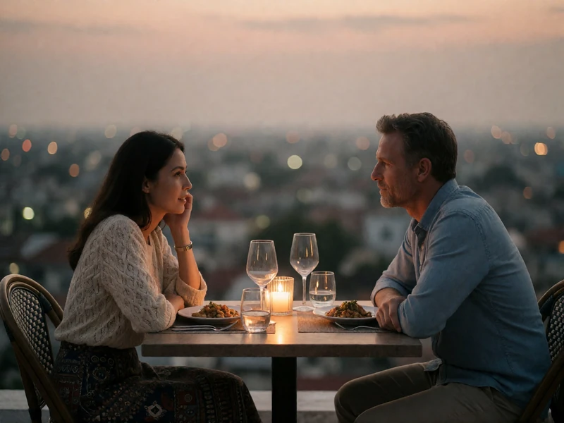 Couple sitting across a small table on a rooftop dining terrace at dusk, sharing a quiet conversation.