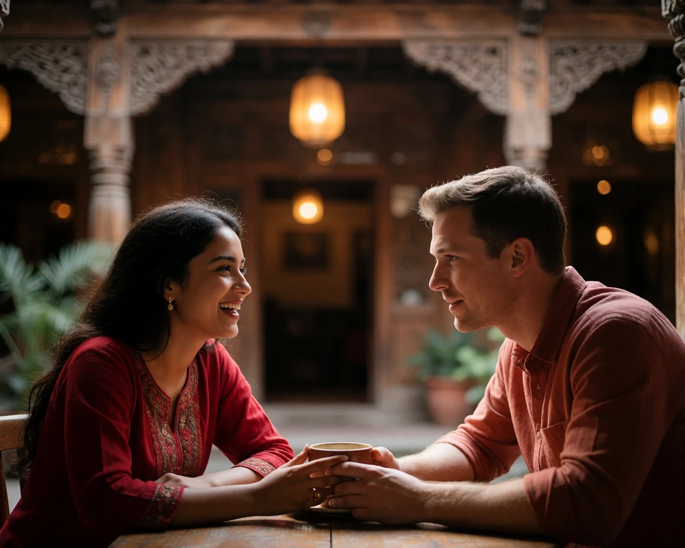 Couple seated at a low wooden table in a lantern-lit courtyard restaurant.