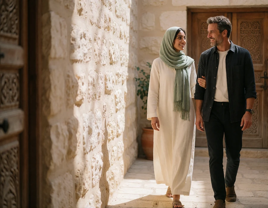 Couple walking together at a respectful distance along a sunlit stone courtyard path.