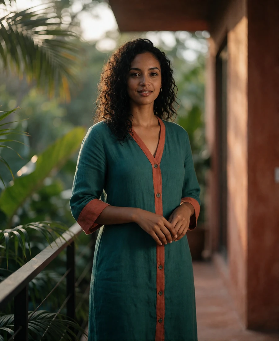 Timorese woman standing on a tropical veranda in a warm-linen dress with terracotta details.