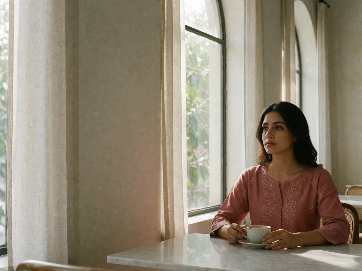 Pakistani woman seated with a teacup beside tall arched windows in a bright marble cafe.